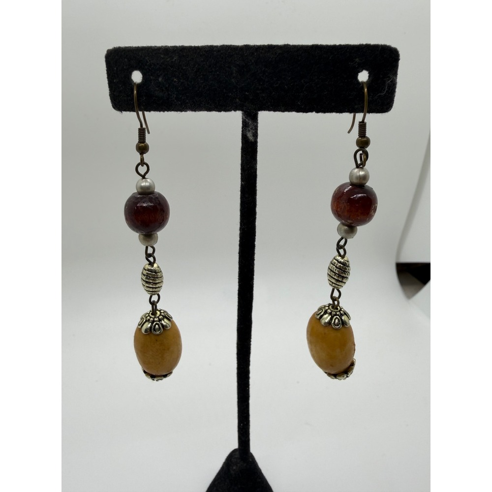 Boho Wood Resin Bead Drop Earrings Silver Tone Floral Accents Brown Yellow